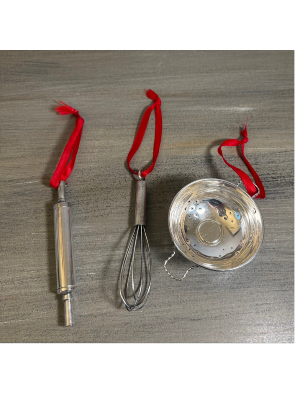 Vintage Mini Metal Kitchen Utensil Ornaments Whisk Rolling Pin Strainer Decor
